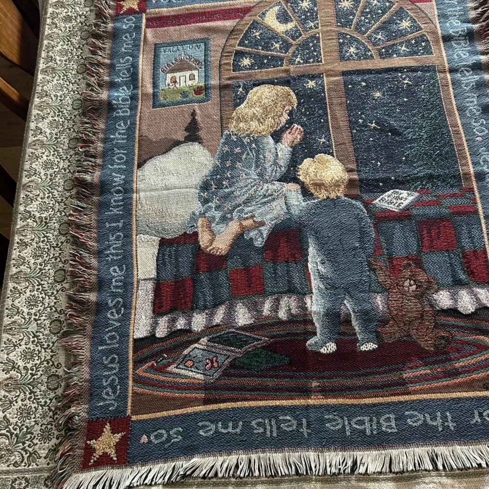 Woven Tapestry Throw Kids Blue Jesus‎ Loves Me Prayer Vintage Cottagecore